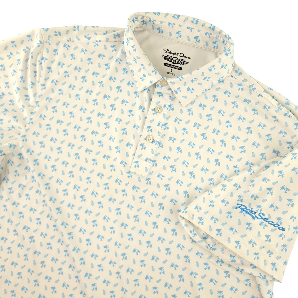 Straight Down Polo Shirt Mens L White Palm Tree Pineapple Golf Performance Top